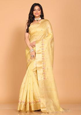 Yellow Embroidered Linen Saree Set