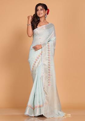 Blue Embroidered Linen Saree Set