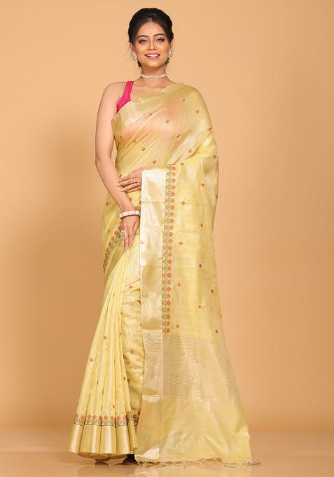 Beige Zari Embroidered Striped Saree Set