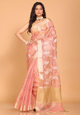 Pink Zari Embroidered Saree Set