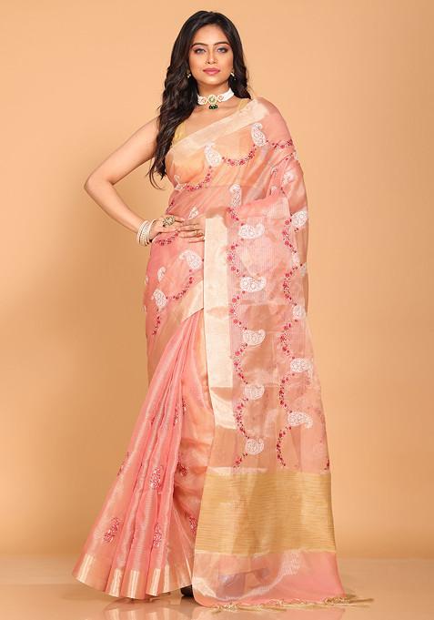 Pink Zari Embroidered Saree Set