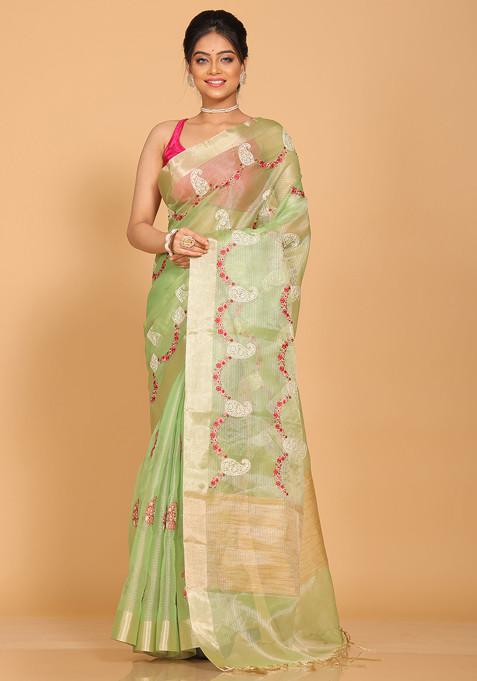 Green Zari Embroidered Saree Set