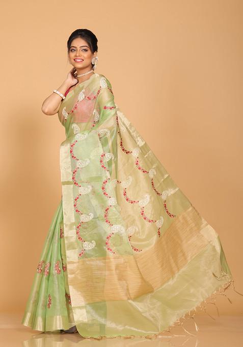 Green Zari Embroidered Saree Set