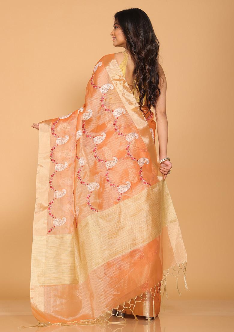 Peach Zari Embroidered Saree Set