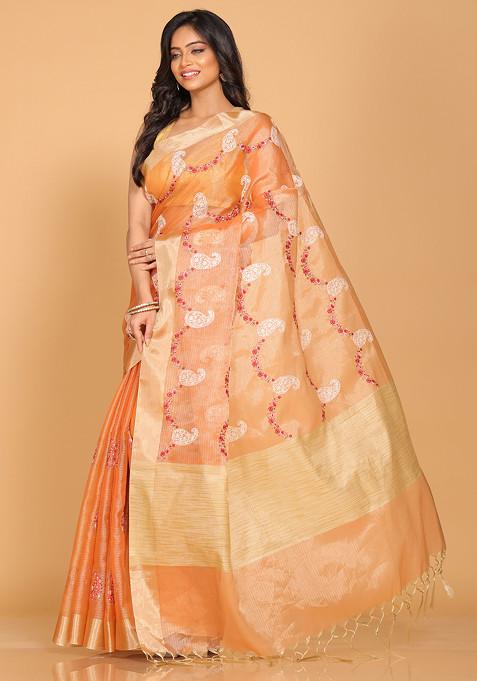 Peach Zari Embroidered Saree Set