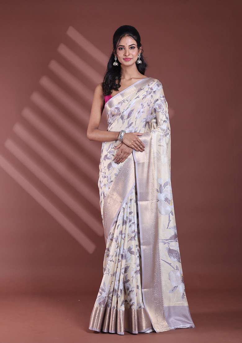 Light Yellow Floral Print Soft Silk Blend Saree Set for Diwali and Festive Wear - Indya