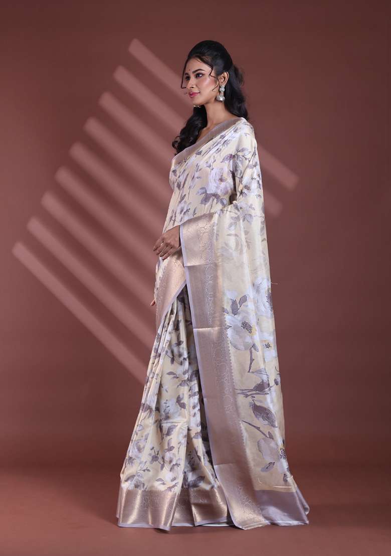 Light Yellow Floral Print Soft Silk Blend Saree Set for Diwali and Festive Wear - Indya