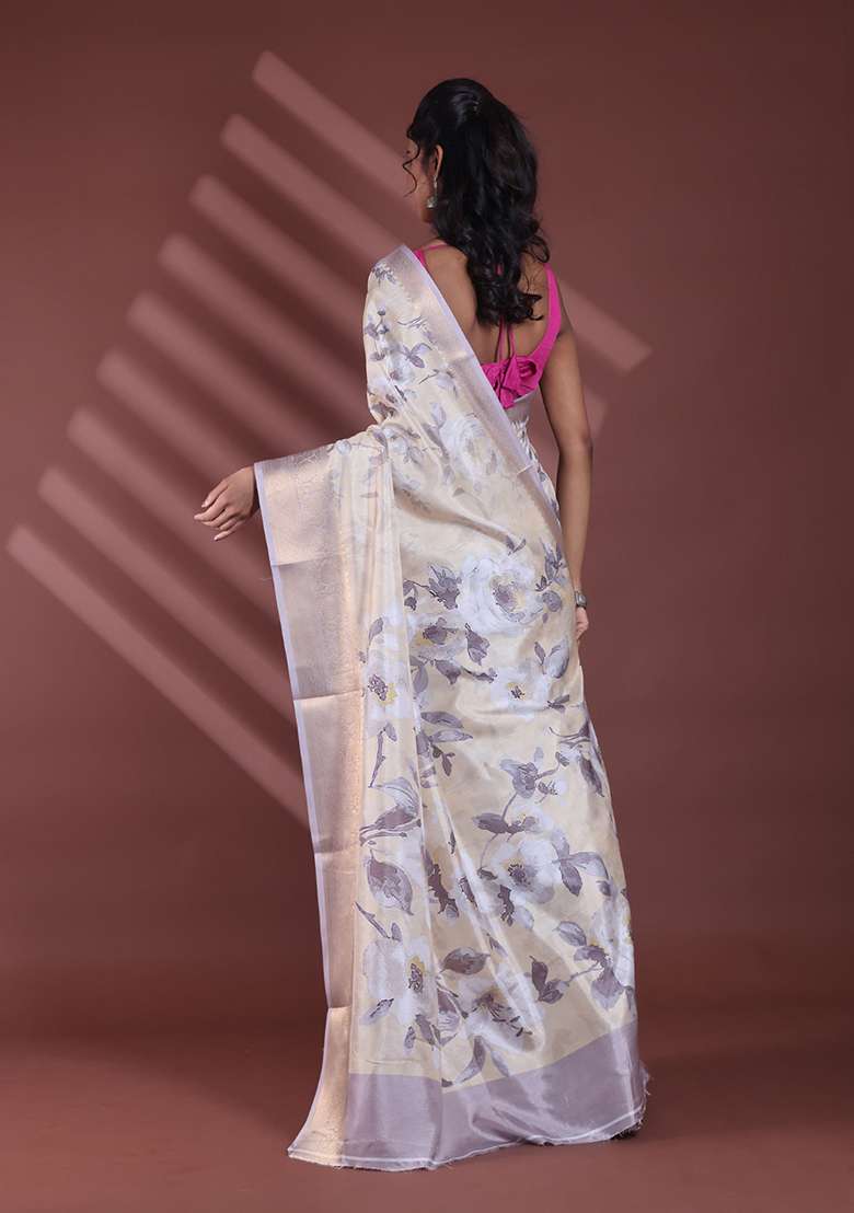 Light Yellow Floral Print Soft Silk Blend Saree Set for Diwali and Festive Wear - Indya