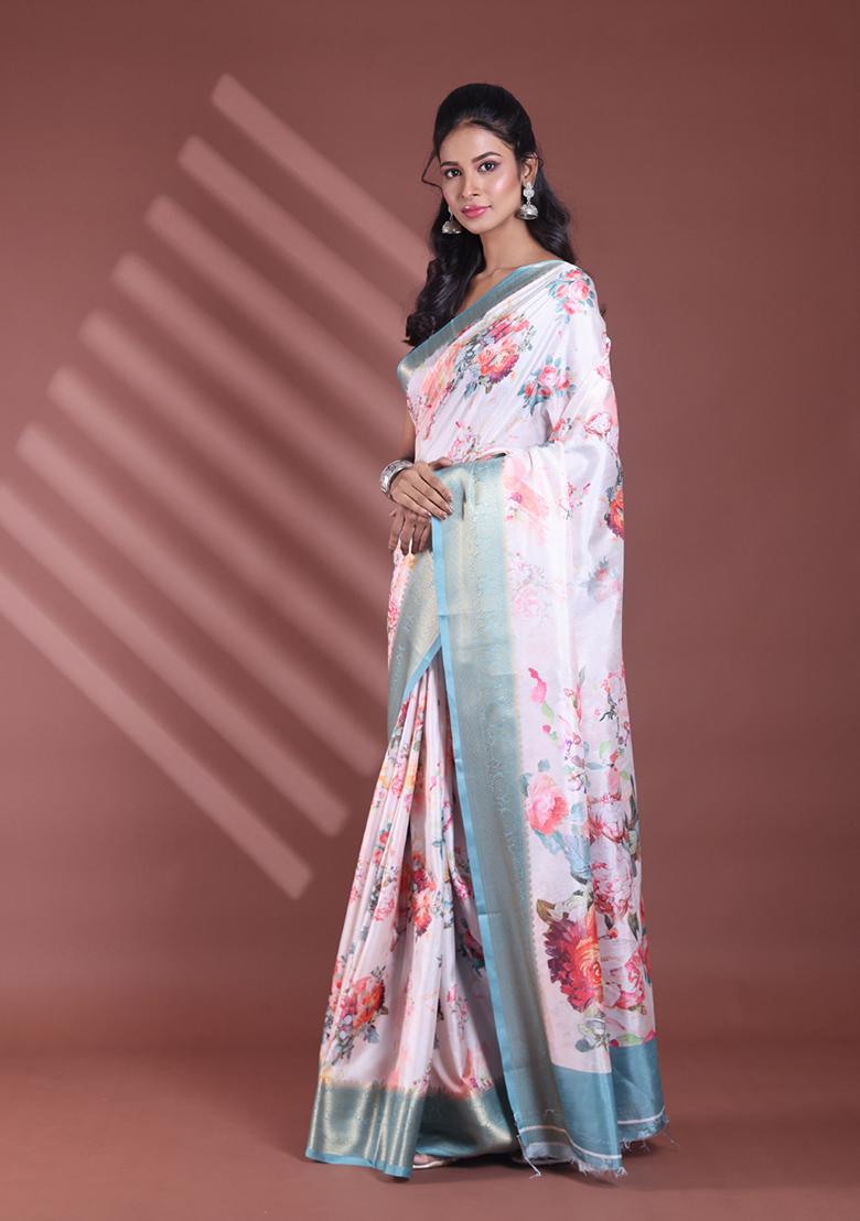 Off White Floral Print Soft Silk Saree Set