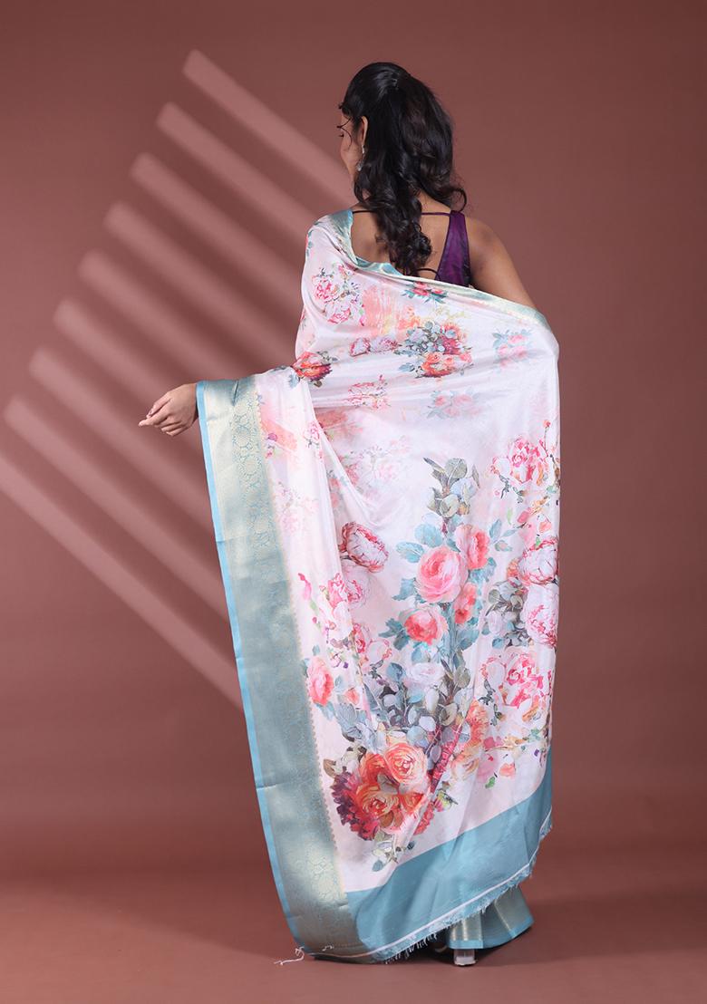 Off White Floral Print Soft Silk Saree Set