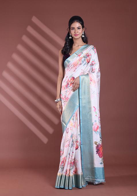 Off White Floral Print Soft Silk Saree Set