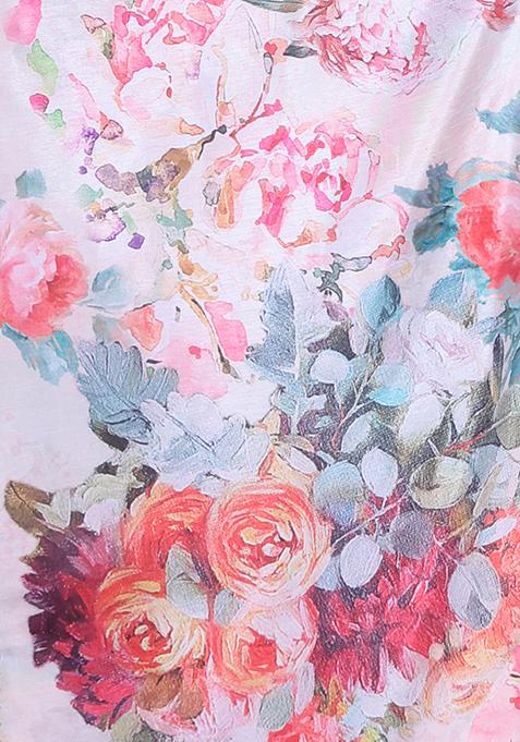 Off White Floral Print Soft Silk Saree Set