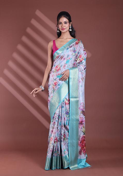 Grey Floral Print Soft Silk Saree Set