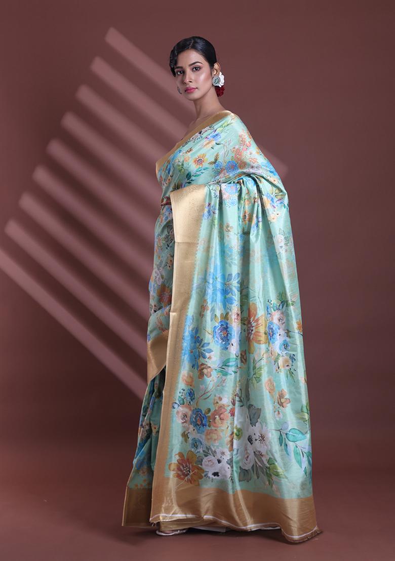 Light Green Floral Print Soft Silk Saree Set