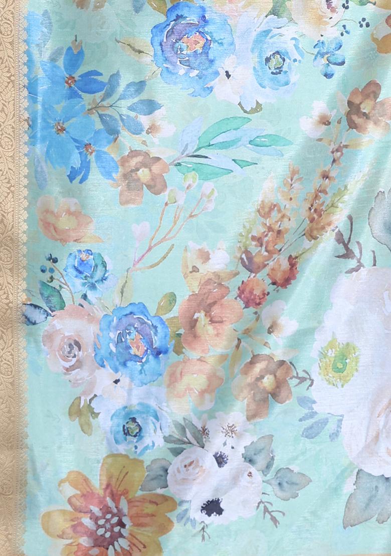 Light Green Floral Print Soft Silk Saree Set - Indya