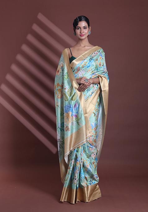 Light Green Floral Print Soft Silk Saree Set