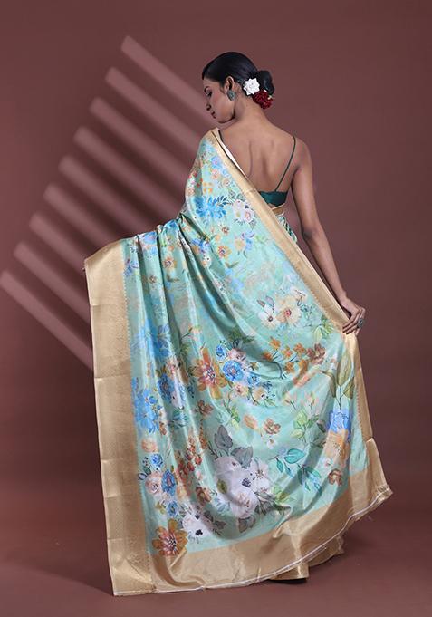 Light Green Floral Print Soft Silk Saree Set
