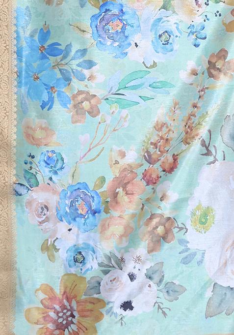Light Green Floral Print Soft Silk Saree Set