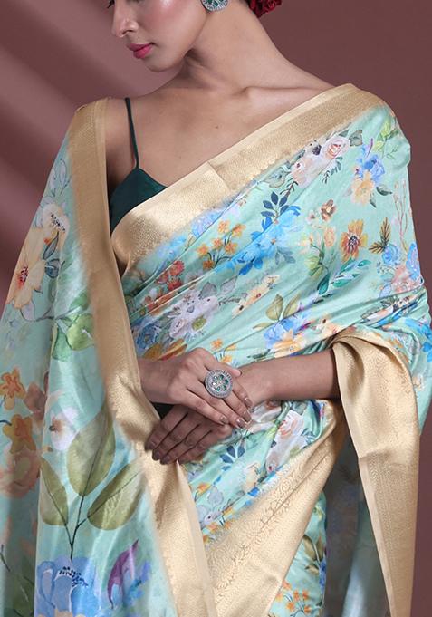 Light Green Floral Print Soft Silk Saree Set