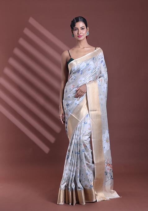 Ecru Floral Print Soft Silk Saree Set