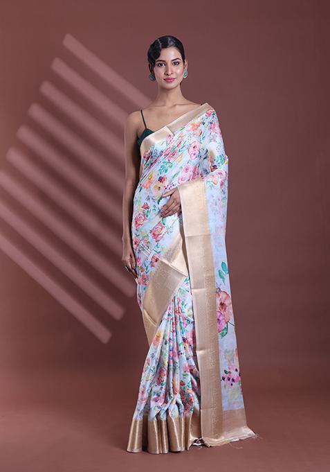 Sky Blue Floral Print Soft Silk Saree Set