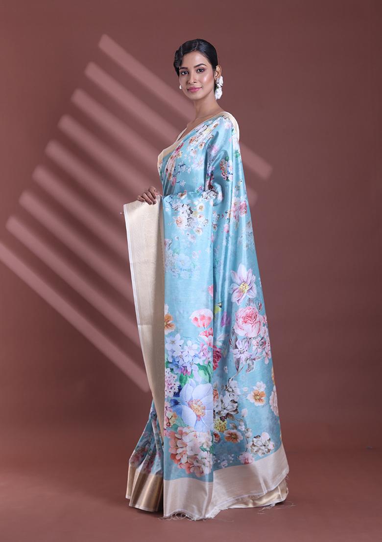 Sea Green Floral Print Soft Silk Saree Set