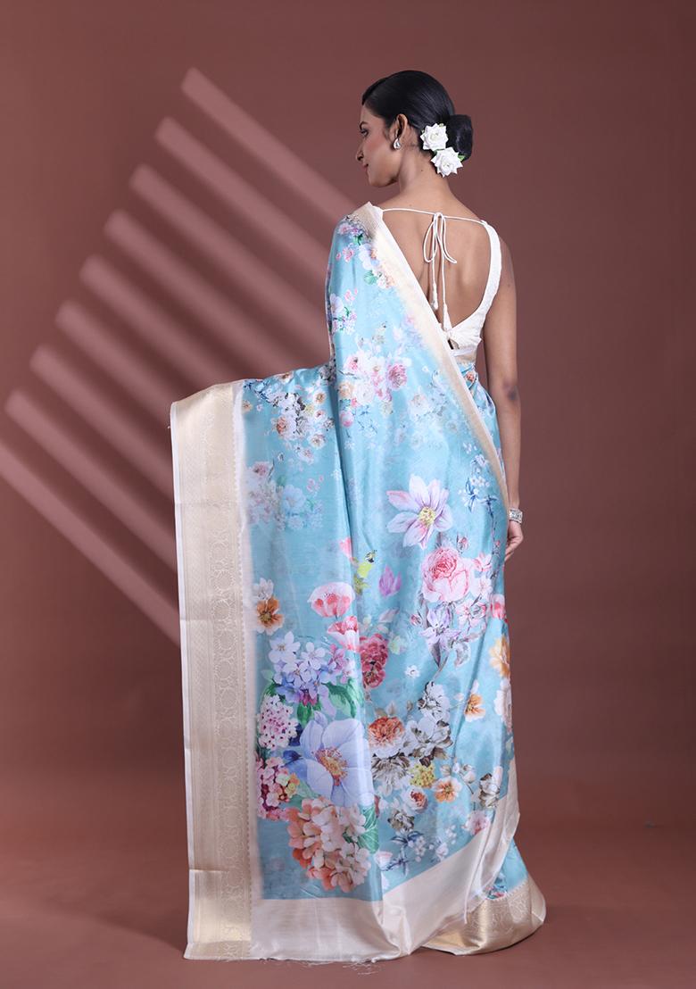 Sea Green Floral Print Soft Silk Saree Set