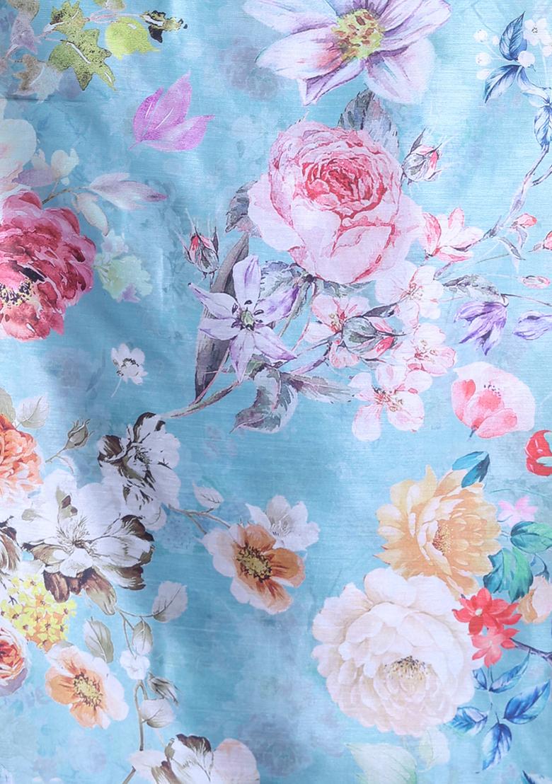 Sea Green Floral Print Soft Silk Saree Set