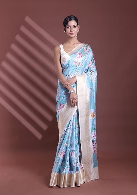 Sea Green Floral Print Soft Silk Saree Set