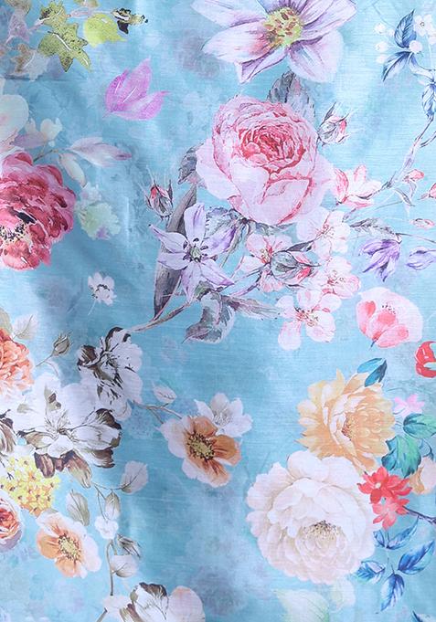 Sea Green Floral Print Soft Silk Saree Set