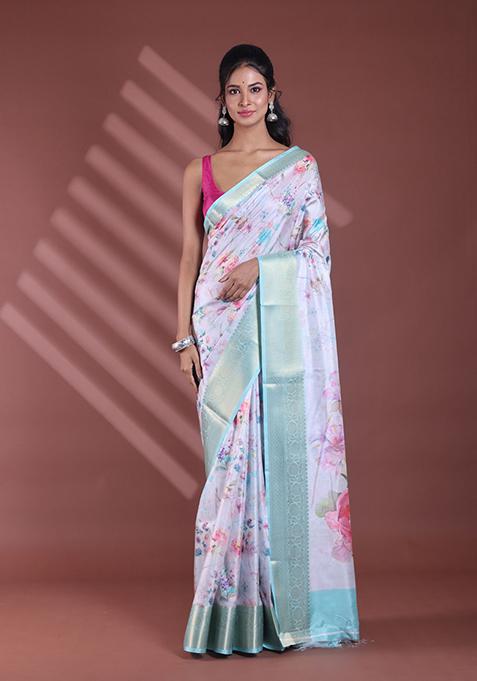 Steel Grey Floral Print Soft Silk Saree Set