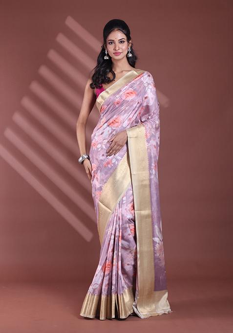 Nude Pink Floral Print Soft Silk Saree Set