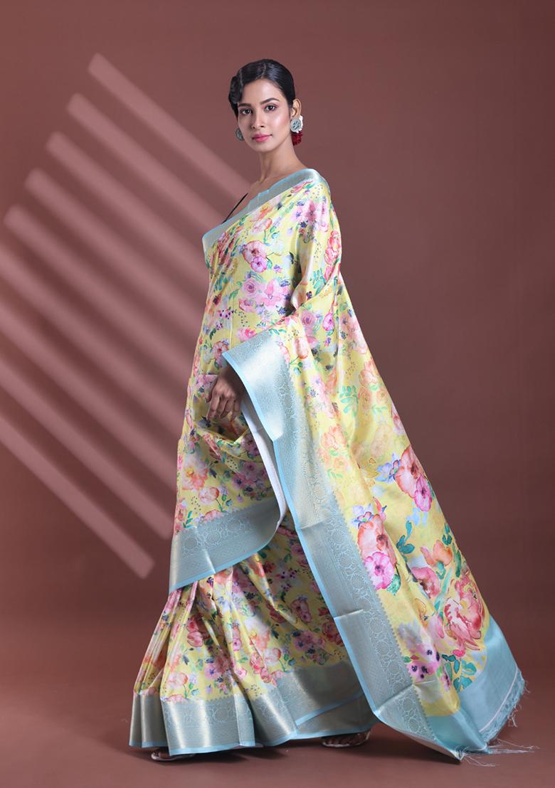 Yellow Floral Print Soft Silk Saree Set