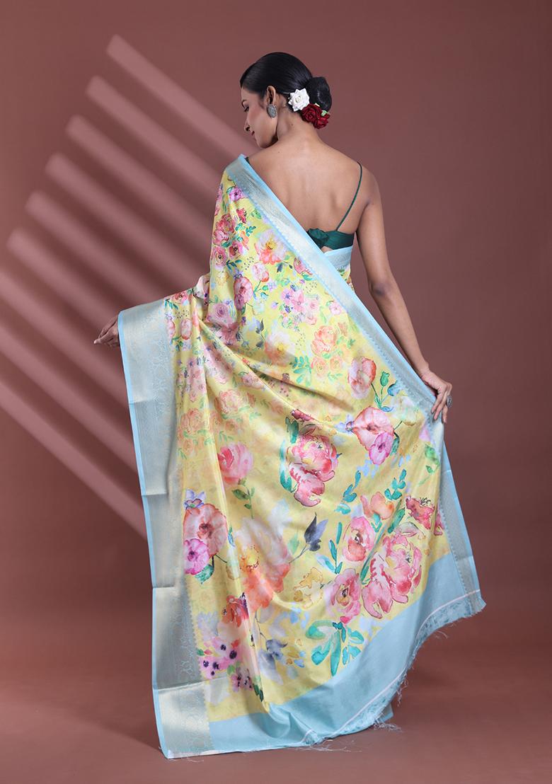 Yellow Floral Print Soft Silk Saree Set