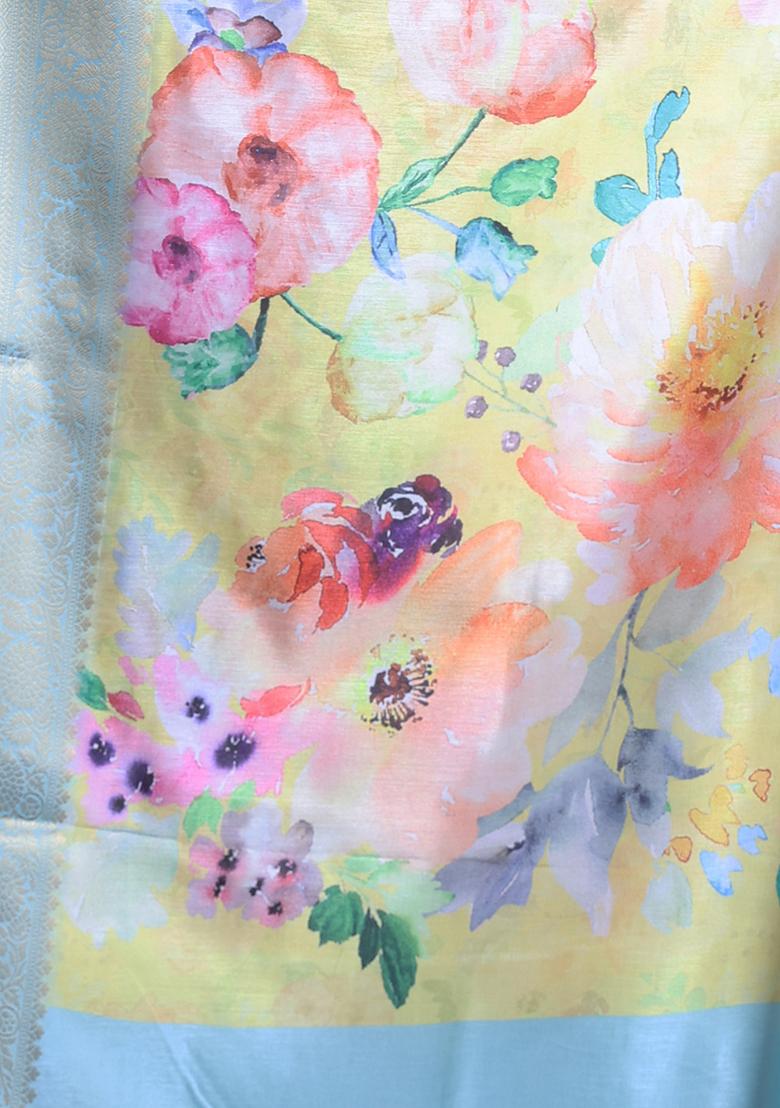 Yellow Floral Print Soft Silk Saree Set