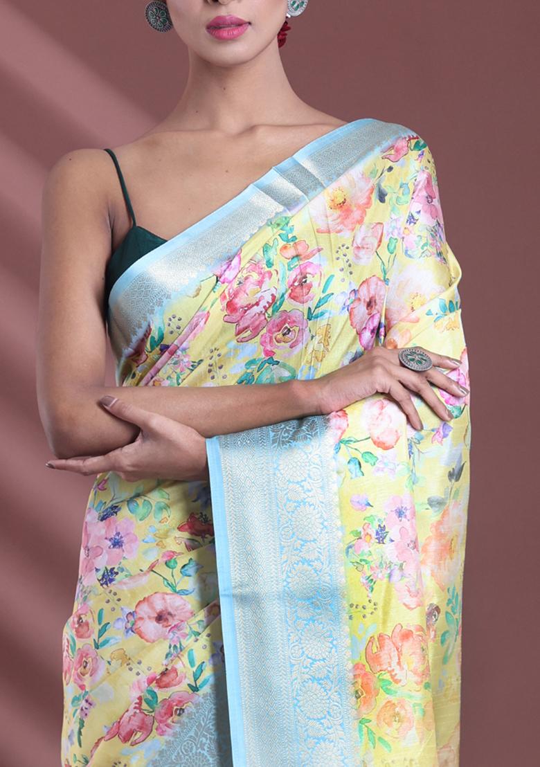 Yellow Floral Print Soft Silk Saree Set