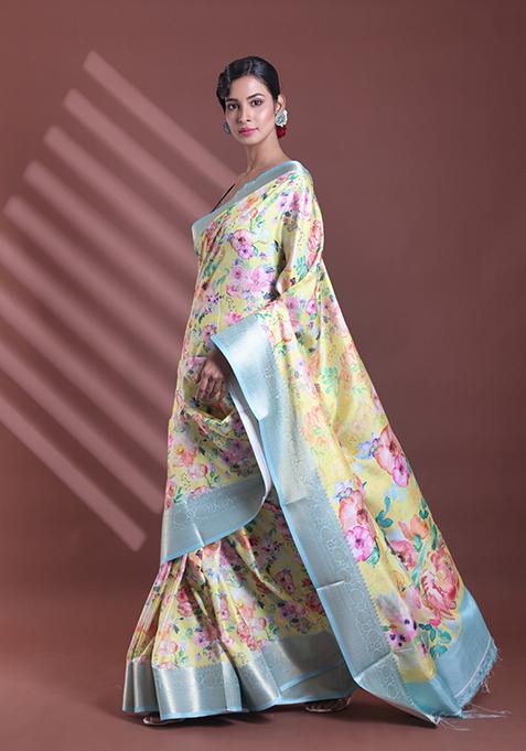 Yellow Floral Print Soft Silk Saree Set