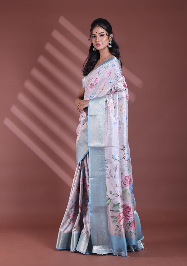 Light Beige Floral Print Soft Silk Saree Set