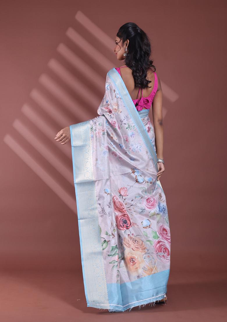 Light Beige Floral Print Soft Silk Saree Set