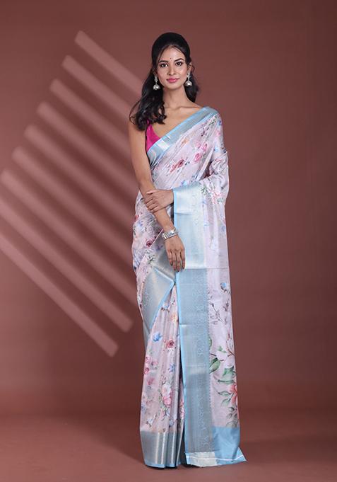 Light Beige Floral Print Soft Silk Saree Set