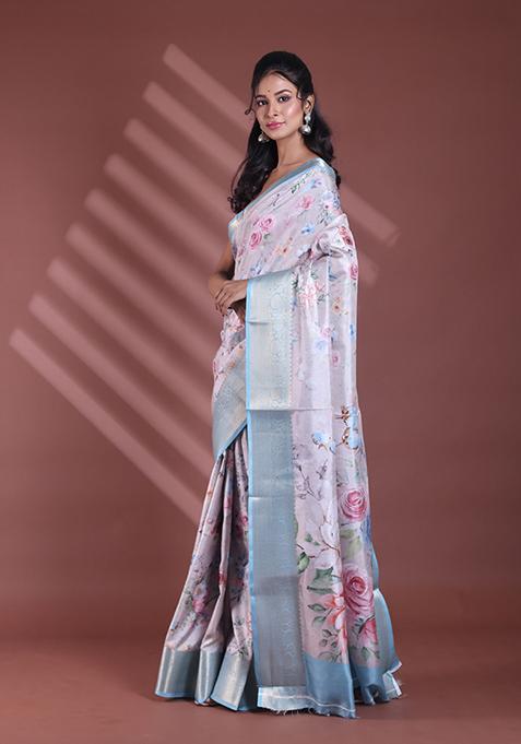 Light Beige Floral Print Soft Silk Saree Set