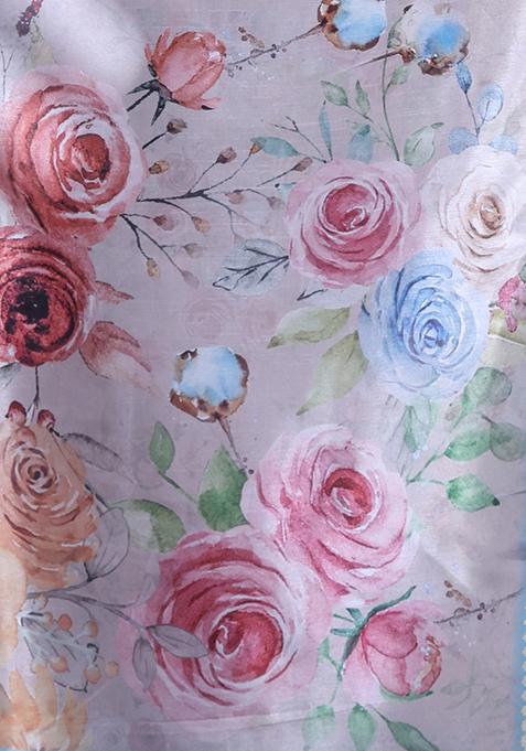 Light Beige Floral Print Soft Silk Saree Set