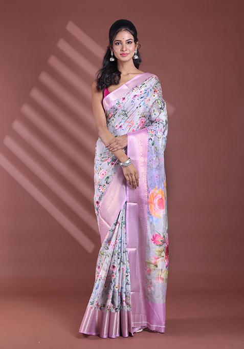 Ecru Floral Print Soft Silk Saree Set