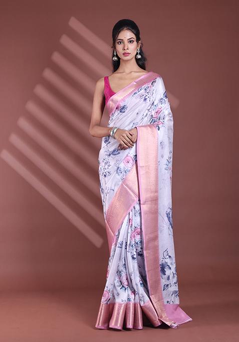 Light Lavender Floral Print Soft Silk Saree Set