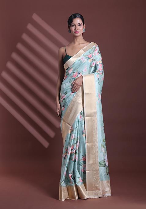 Mint Green Floral Print Soft Silk Saree Set