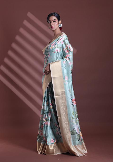 Mint Green Floral Print Soft Silk Saree Set