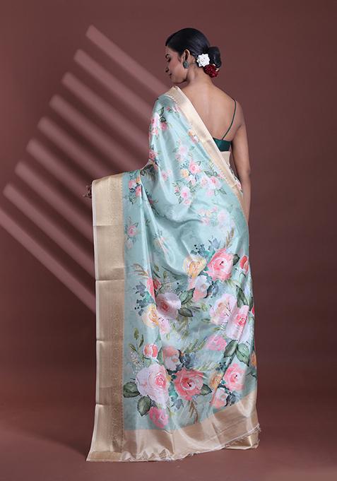 Mint Green Floral Print Soft Silk Saree Set