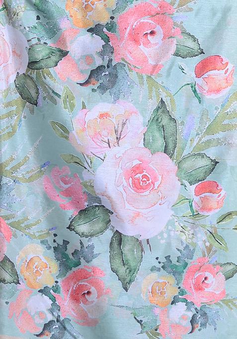Mint Green Floral Print Soft Silk Saree Set