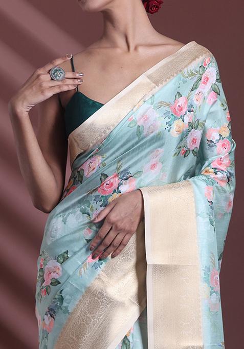 Mint Green Floral Print Soft Silk Saree Set