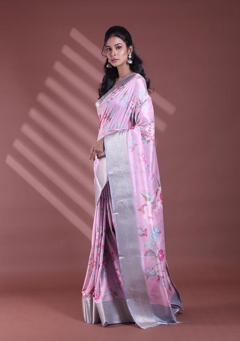 Pink Floral Print Soft Silk Saree Set